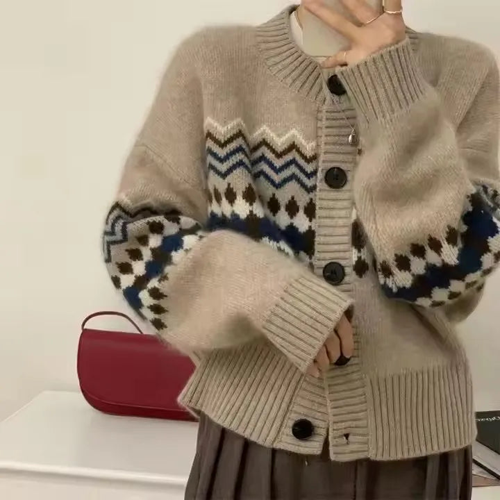 Y2k Women Fashion Casual Jacquard Crochet Pink Cardigan Tops Autumn Warm Single Breasted Knitted Sweater