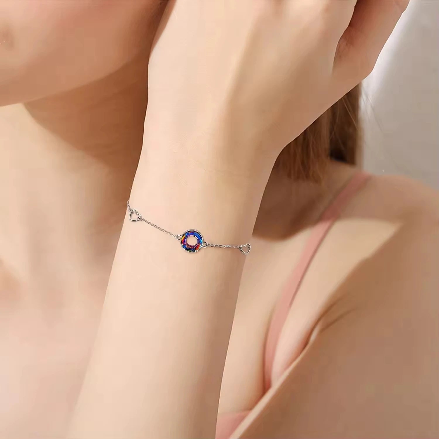 Fashion Jewelry S925 Sterling Silver Heart and Circle Crystal Chian Bracelet for Women