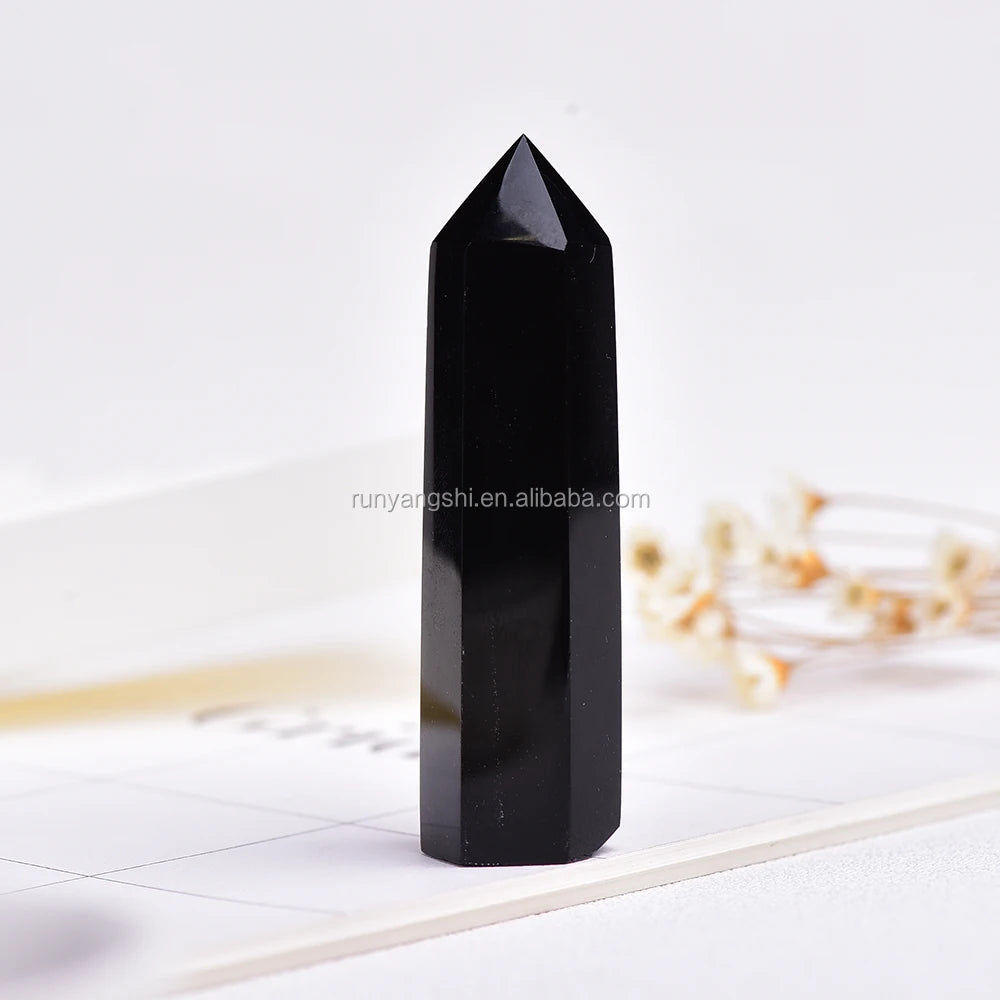 Wholesale Polished Raw Black Obsidian Quartz Crystal Healing Wand Points for Fengshui Ornaments