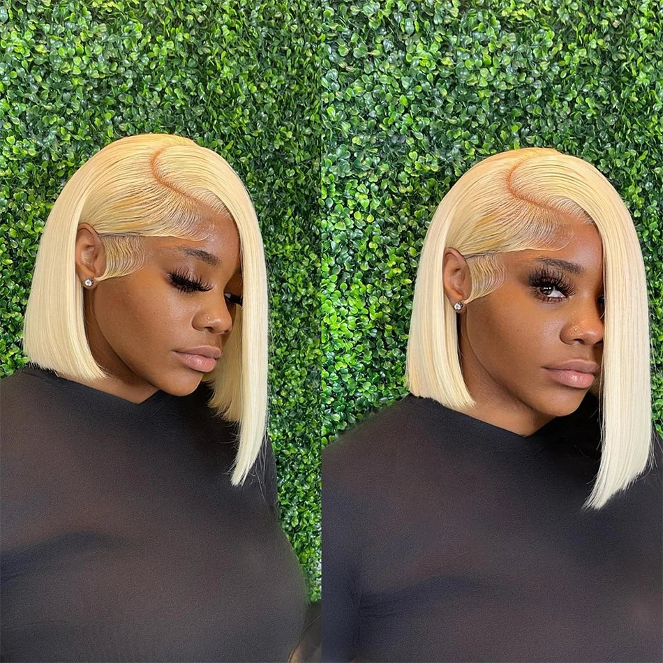 Raw Virgin Natural Blonde Color 13*4 Human Hair Frontal Perreque 13*4 12" Wigs Lace Front Bone Short Bob Wig