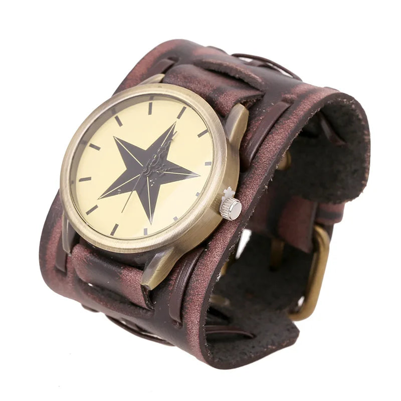 New Wide Leather Personalized Bracelet Watch Men's Retro Leather Watch Atmospheric Leather Quartz Watch Factory Direct Sales