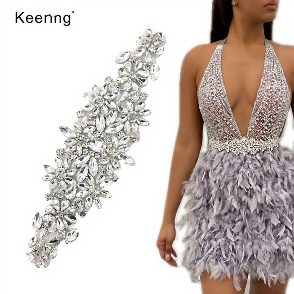 Keering Fashion Big Rhinestone Body Bridal Belt Applique Glass Flower Sash Patches for Clothes Birthday Dress WRA-997
