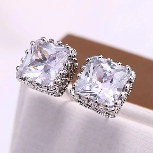 Huitan Bling Bling Jewelry Gems Square Stud Earrings Zircon Filled Pure Women Girls Silver Classic Earring