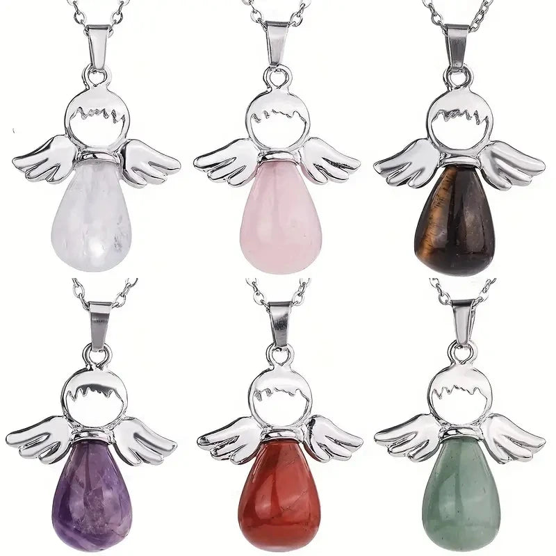 Wholesale Natural Stone Gemstone Jewelry Crystal Angel Green Aventurine Rose Quartz Pendant Necklace for Women
