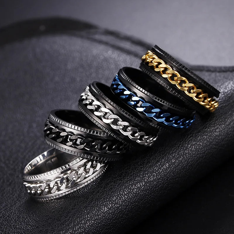 Men Rings Fashion Stainless Steel Stress Relieving Movable Chain Ring