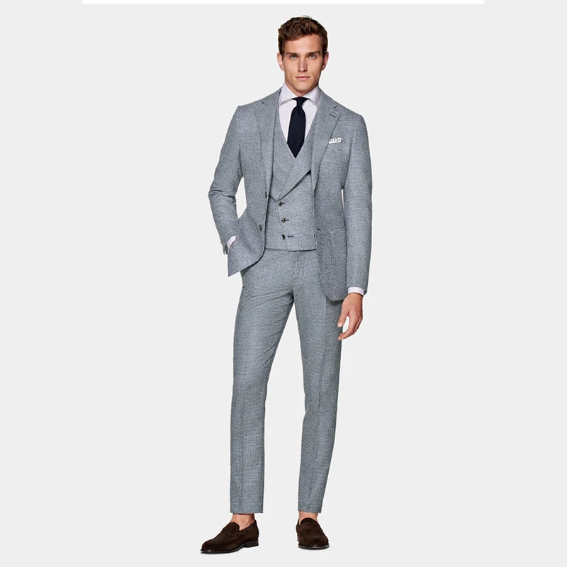 New Light Blue Business Gentleman Pure Wool Men's Dog Tooth Pattern Single-breasted Men's Slim Suit Set of Three.