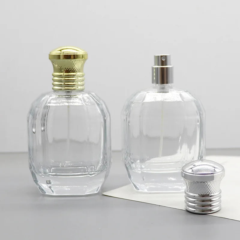 High End Hot Selling Empty 100ml  Thick Bottom Multi-faced Crimp Perfume Bottle  Gold Silver Sprayer and Cap