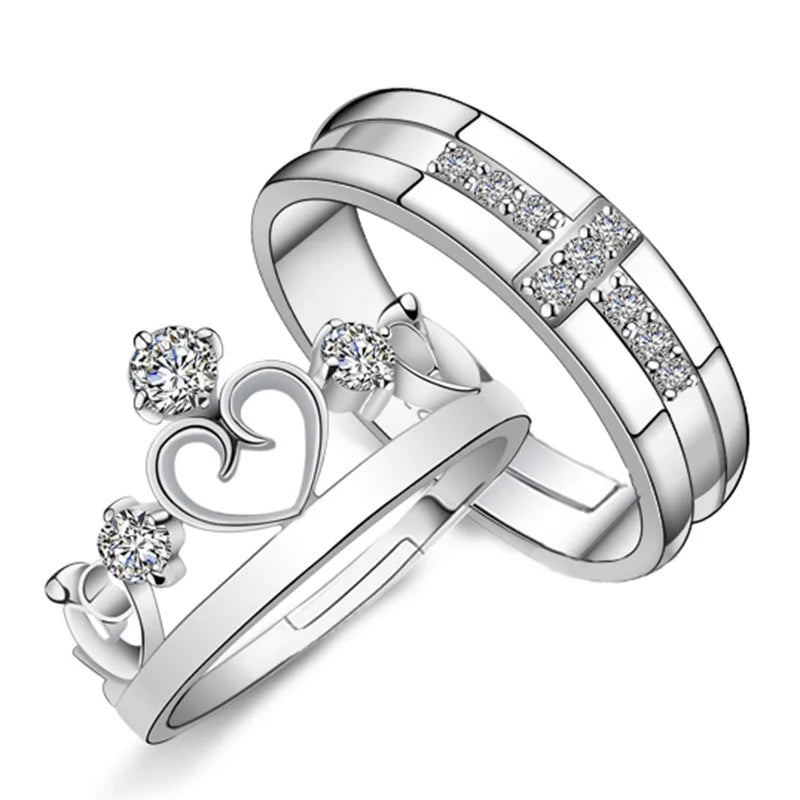 Trendy 925 Silver Plated Zircon Crystal Crown Cross Man Women Lovers Engagement Weeding Rings Jewelry for Couples