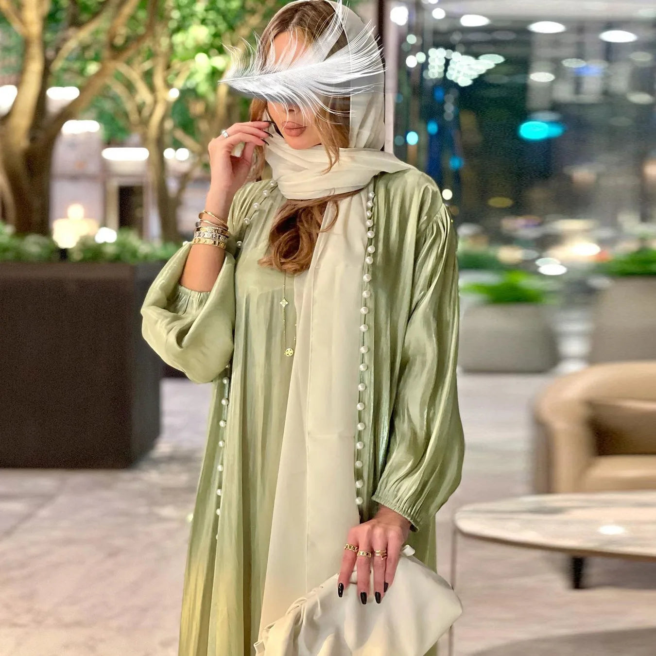 2025 New Spring and Summer Modest Muslim Fashion Bright Silk Satin Silk Dress Bubble Beads Solid Color Suit Two-piece Abaya