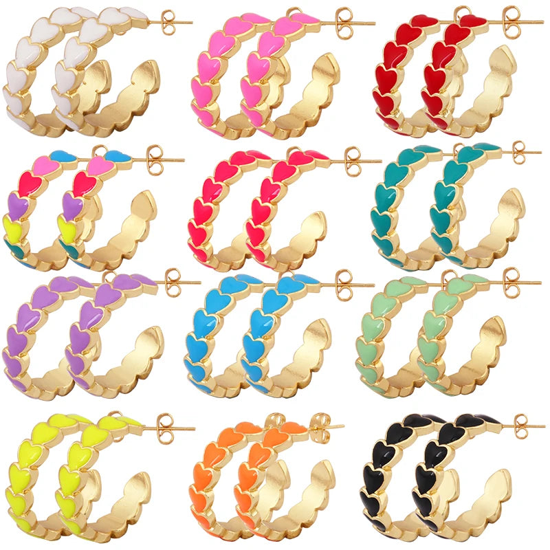 Fashion Romantic Colourful Enamel Heart Earring18K Real Gold Plated Brass Jewelry Multicolor Cuff C Shaped Hoop Earrings K65