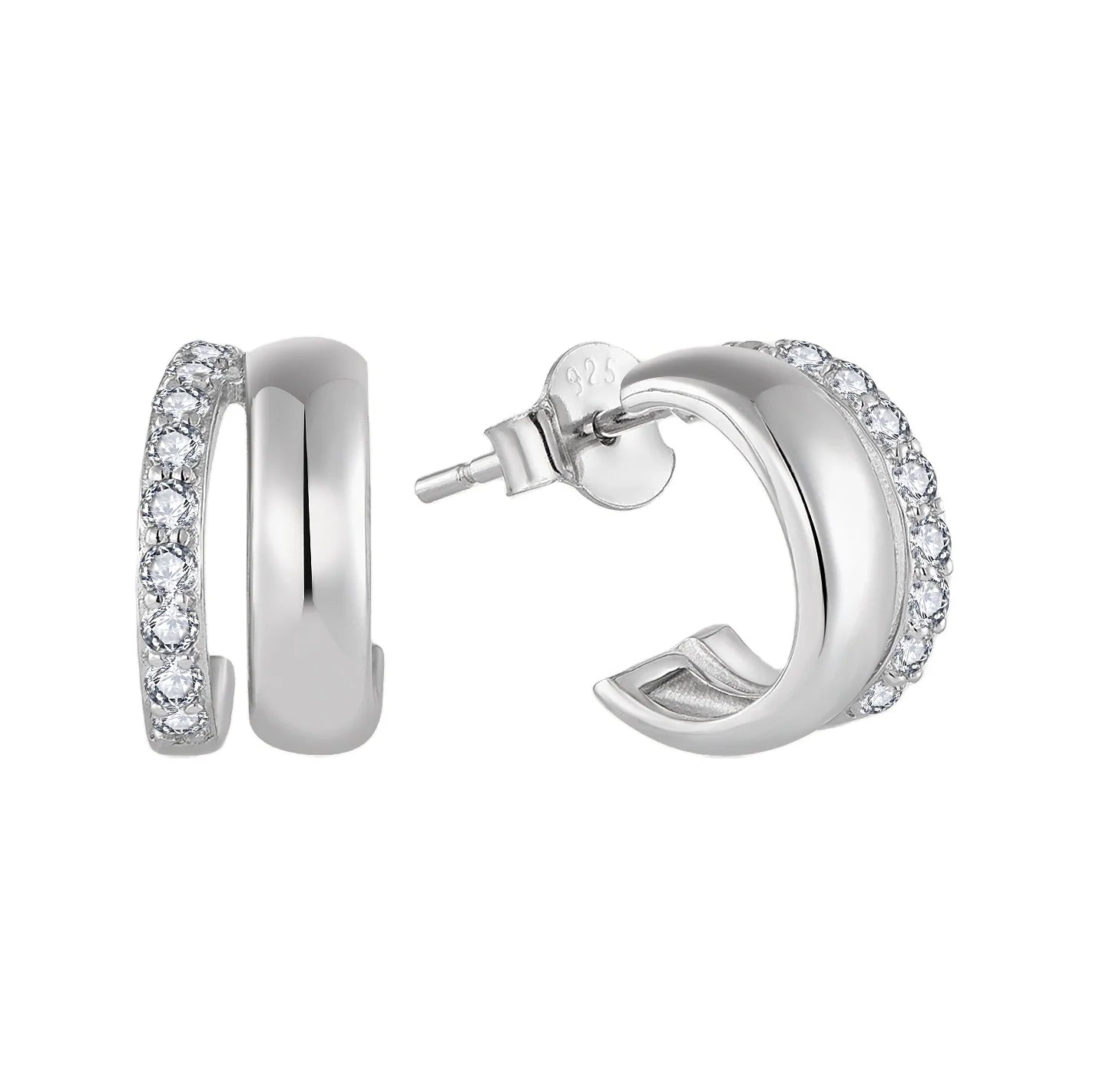 S925 Sterling Silver Trendy Korean Fashion Double-Layer C-Shape Earrings With Diamond Zircon