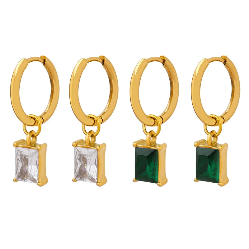 Designer Geometric Green White Zircon Earrings Exaggerated Hot Stainless Steel Earrings