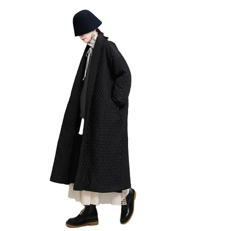 The New Autumn/winter Yamamoto  Design Lingge Cotton-padded Jacket With Button-up Back and Long Cotton-padded
