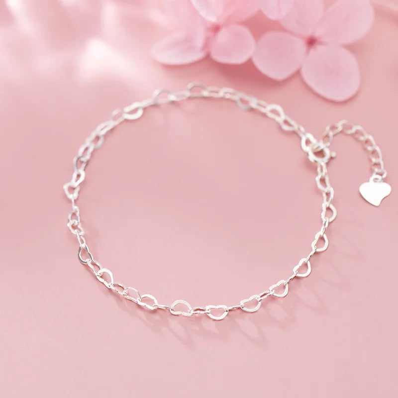 Unique Design Pure 925 Sterling Silver Hollow Heart Chain Bracelets for Women Girls
