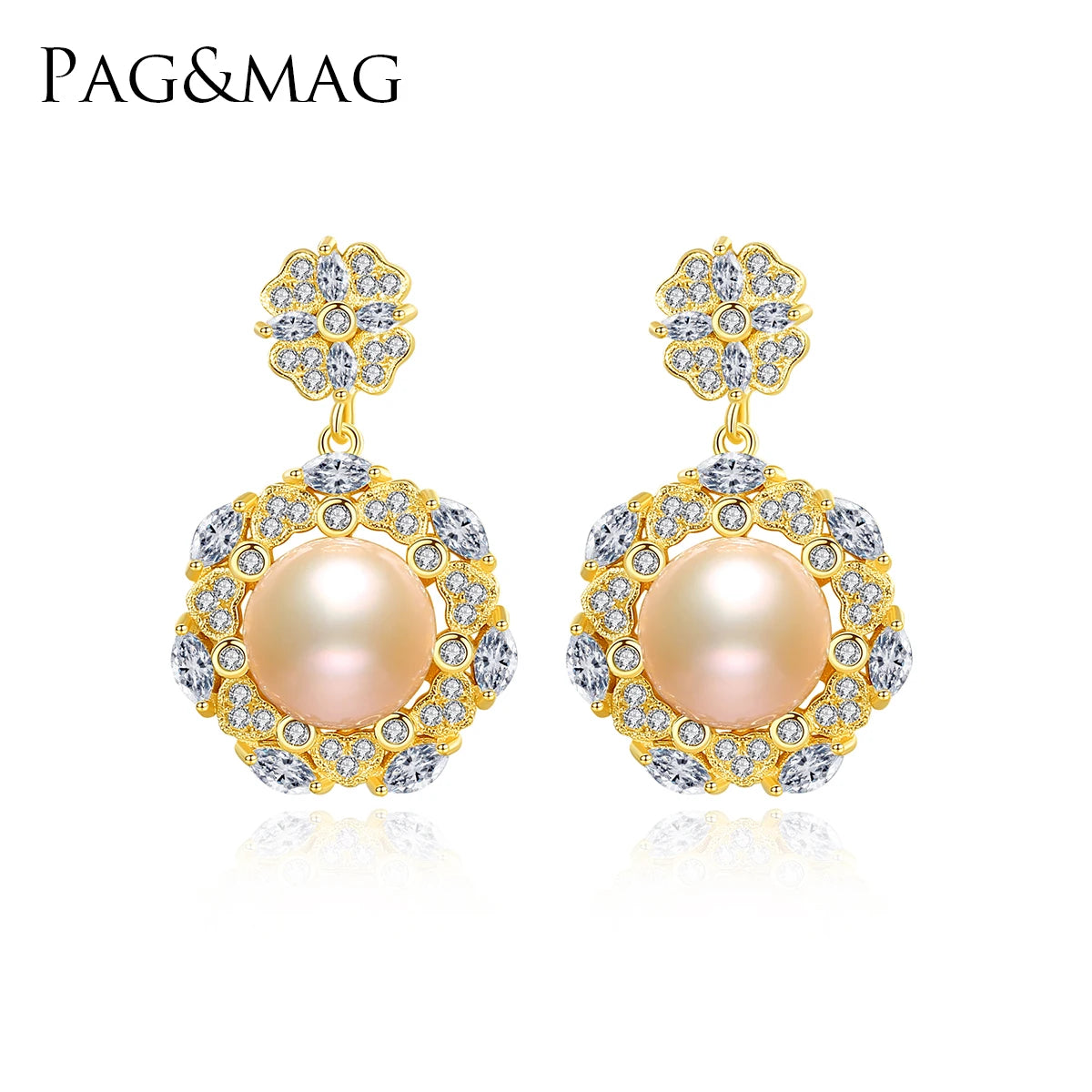PAG&MAG Flower Stud Earrings Women Cubic Zirconia Jewelry Earrings Rhinestone Pearl Earrings