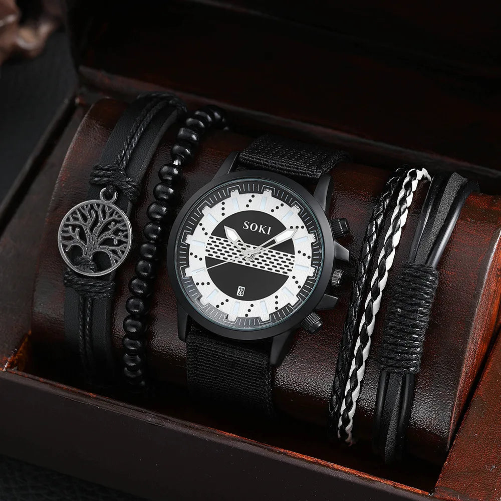 5Pcs/Set Men Jewelry Quartz Watch for Men and Stackable Bracelet Gift Set Sport Watch