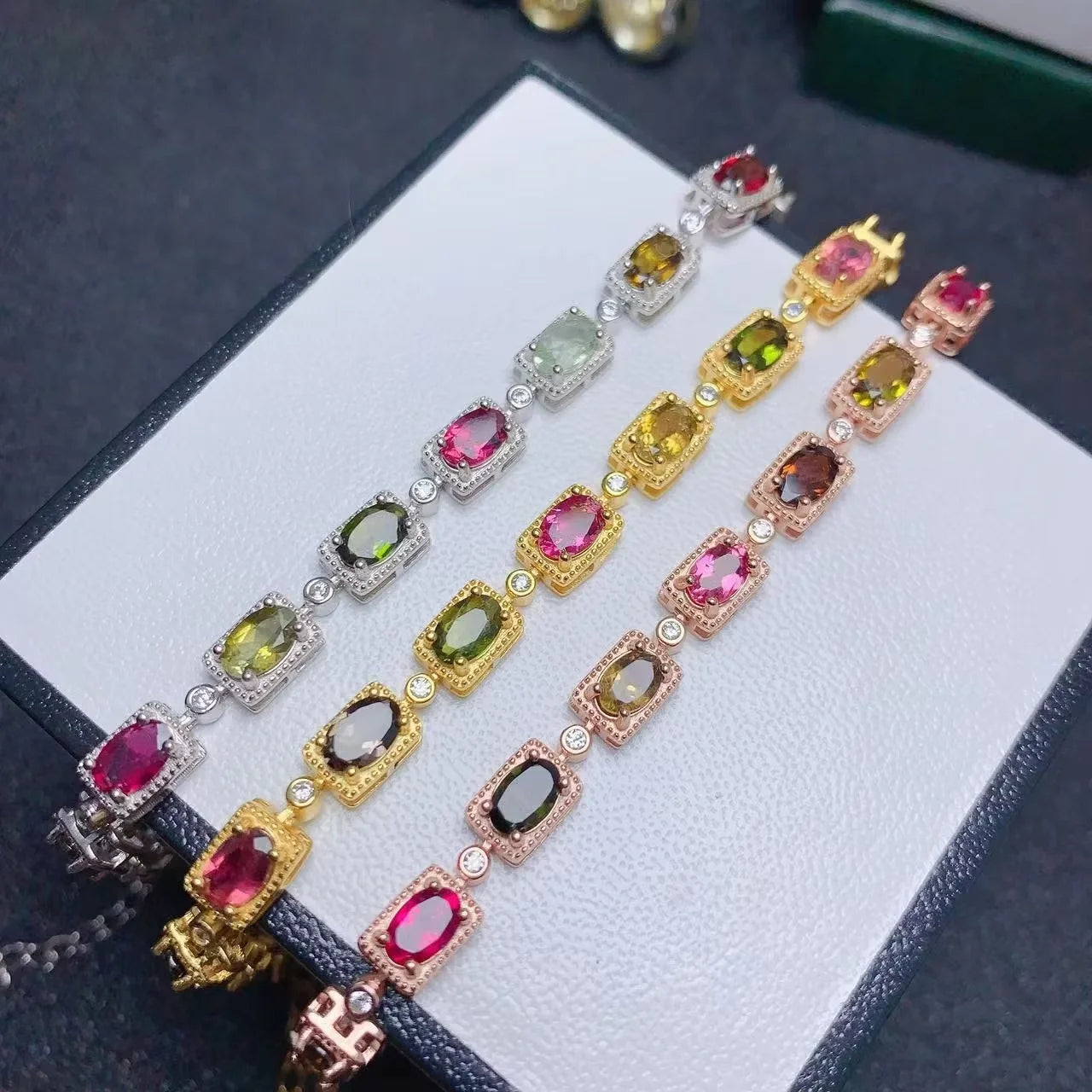 Factory Supply Luxury 925 Sterling Silver Gold & Rhodium Plated Natural Tourmaline Women's Bracelet Great Gift Idea