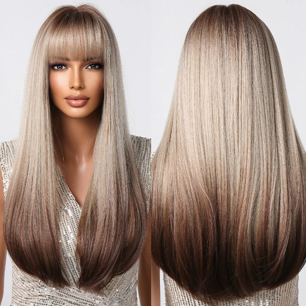 Factory Fast Delivery Blonde to Brown Ombre Synthetic Wigs Long Straight False Hairs Wig with Full Bangs for Women
