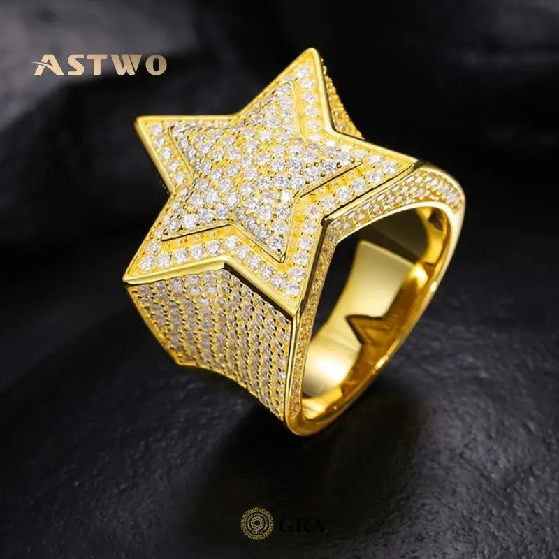 Hip Hop Iced Out  Bling Bling VVS Diamond Hip Hop Moissanite Ring 925 Silver Moissanite Diamond Star Ring