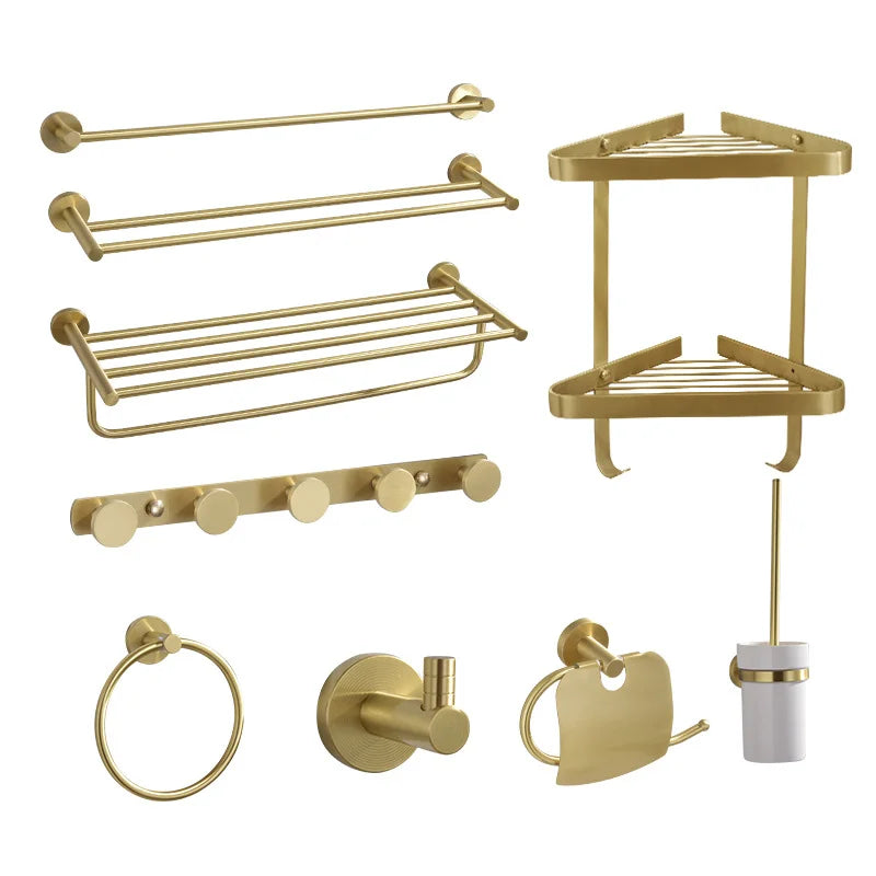 Premium Hotel Luxury Modern Rectangle Brushed Gold 9-Piece Full Set Eco-Friendly Metal Bathroom Accessories Wall-Mounted