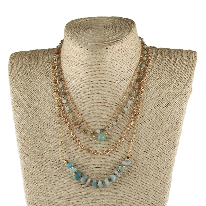 Fashion Women Jewelry Making Supplies 4 Layer Link Chain Amazonite Picture Jasper Gravel Hematite Choker Necklaces