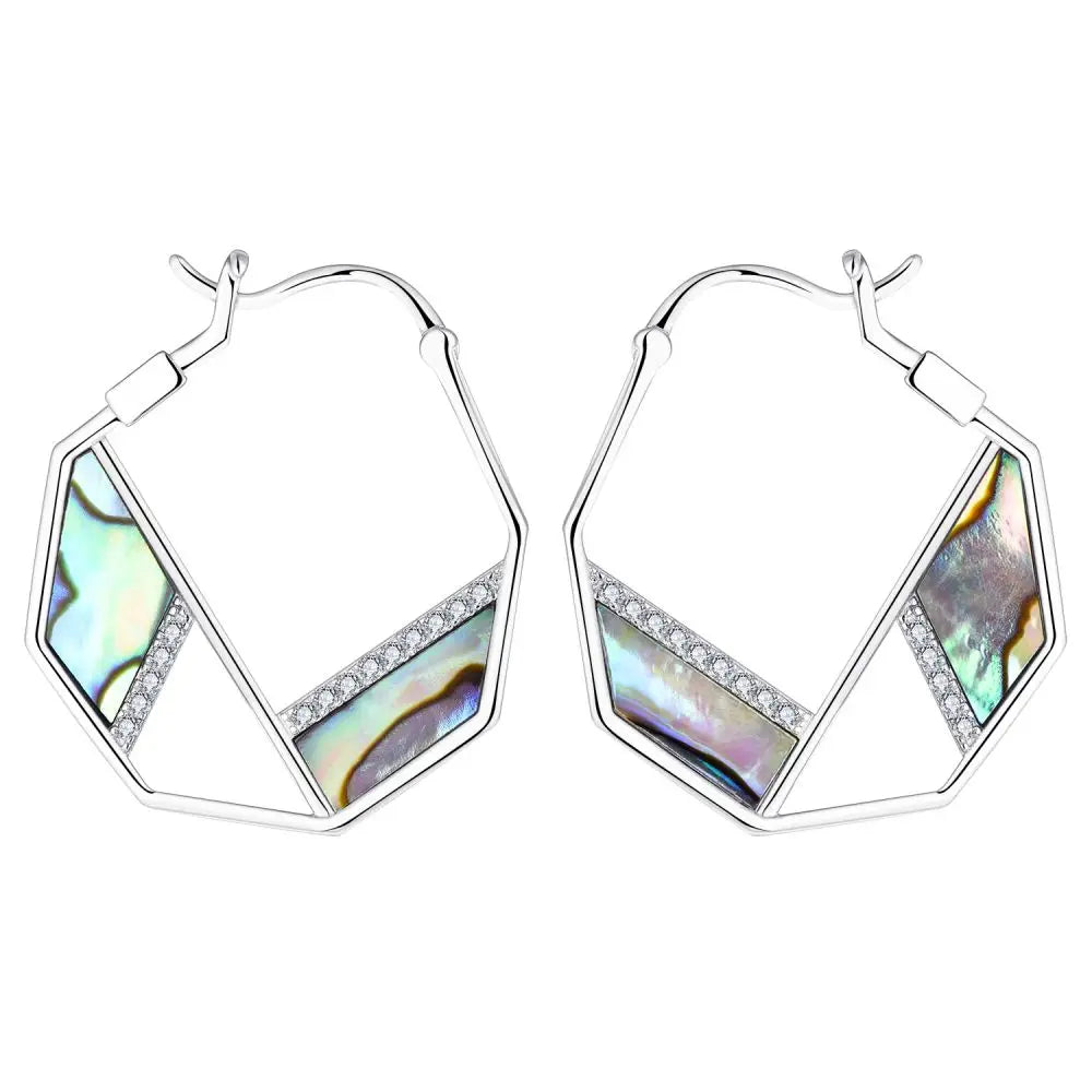 Fine Designer Earrings Rhodium Plated 925 Sterling Silver Irregular Turquoise Natural Abalone Shell Hoop Earrings Jewelry