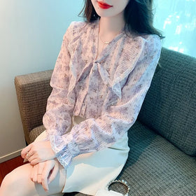 Chiffon Blouses Shirts Ladies Floral Print Bow-neck Women Tops Blouse Long Sleeve Blusas Chic Female Top 1122#