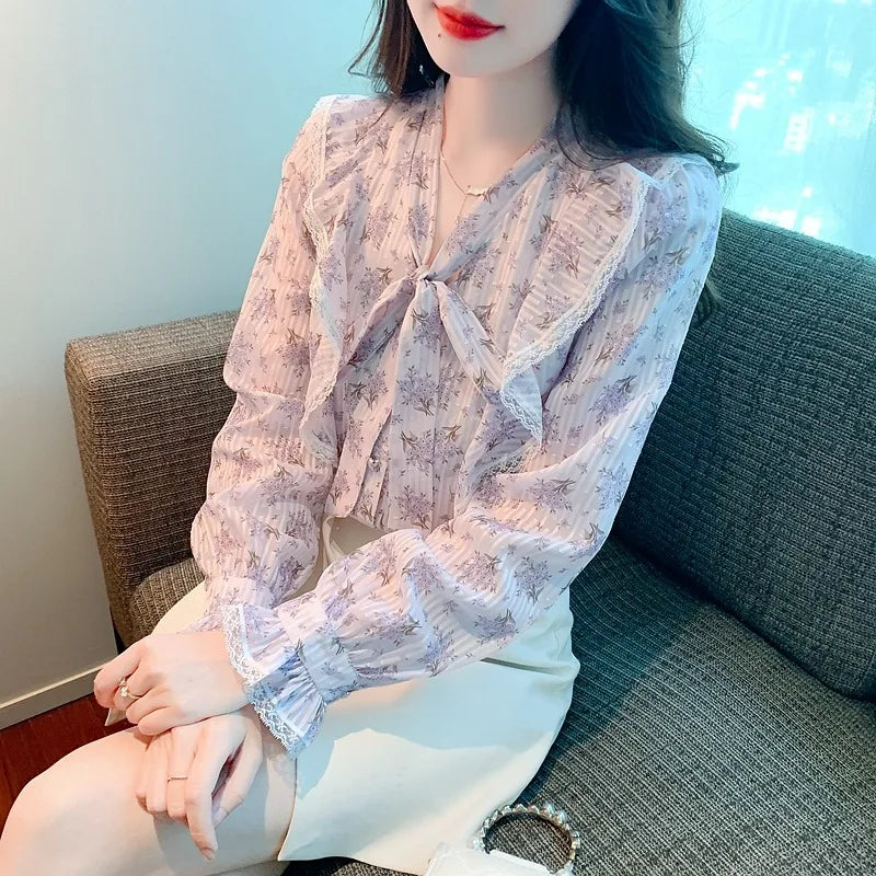 Chiffon Blouses Shirts Ladies Floral Print Bow-neck Women Tops Blouse Long Sleeve Blusas Chic Female Top 1122#