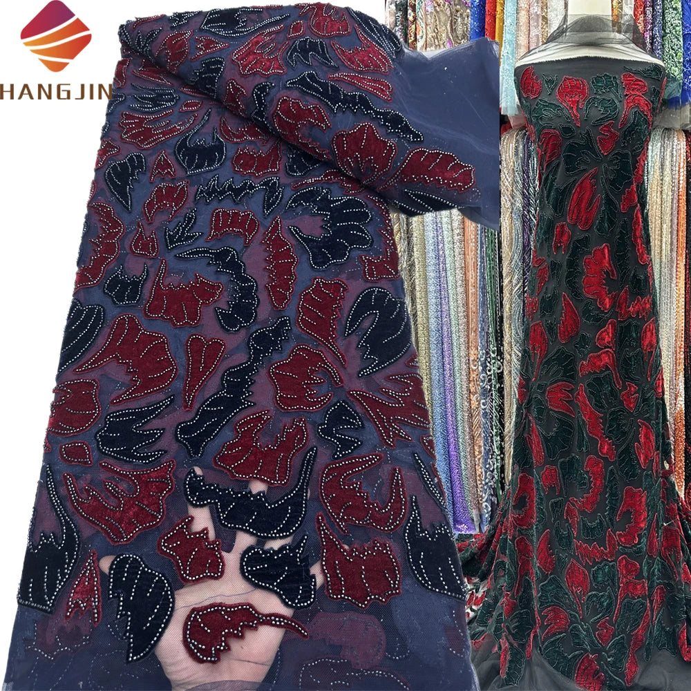 2025 New Design 3D African Velvet Net Lace Beaded Fabric Hand Embroidered Tulle Sequin Lace Fabric with Beads for Party Dresses