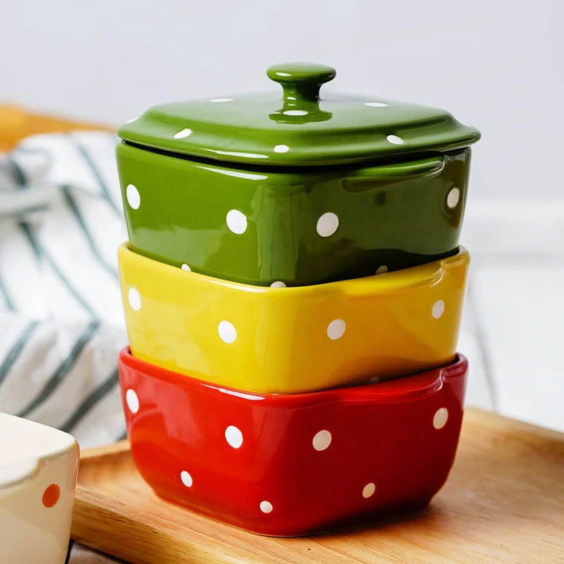 Top Quality Support Custom Square Bowl Ceramic Cookware Hand Painted Polka Dot Small Ceramic Bowl with Lid