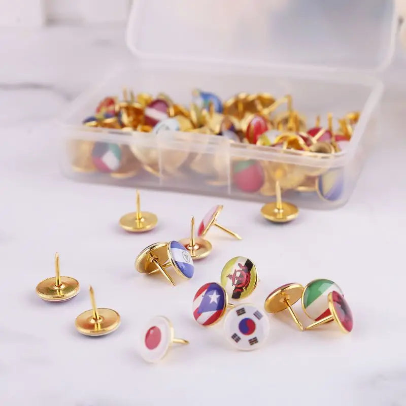 National Flag Thumbtack Push Pins 100pcs/Box Art Deco Style Metal and Plastic Environmental Friendly Mixed Color Map Tacks