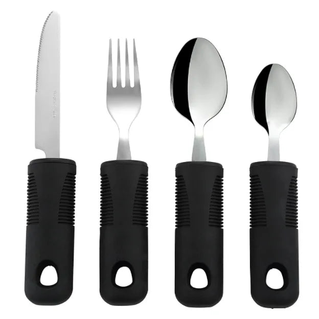 Adaptive Silverware for Elderly with Arthritis Parkinson or Hand Grip Disable Grey Handle Fork and Spoon Dinnerware Set