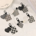 Retro Black White Plaid Smiley Leather Heart Acrylic Square Bell Pearl Keychain Earphone Case Pendant Bag Decoration