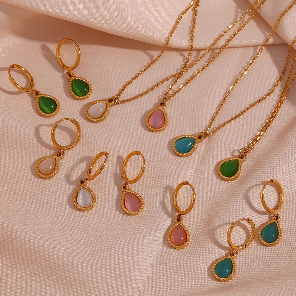 18K Gold Plated Stainless Steel Natural Stone Water Drop Hoop Earring and Necklaces Set Women Jewelry