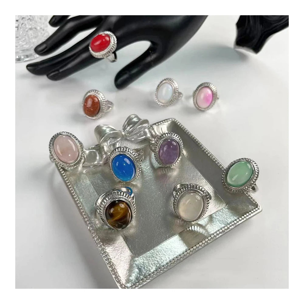 29 Kinds of Gemstone Ring Healing Crystal Cabochon Silver Plated Stone Rings for Men Women Fashion Jewelry