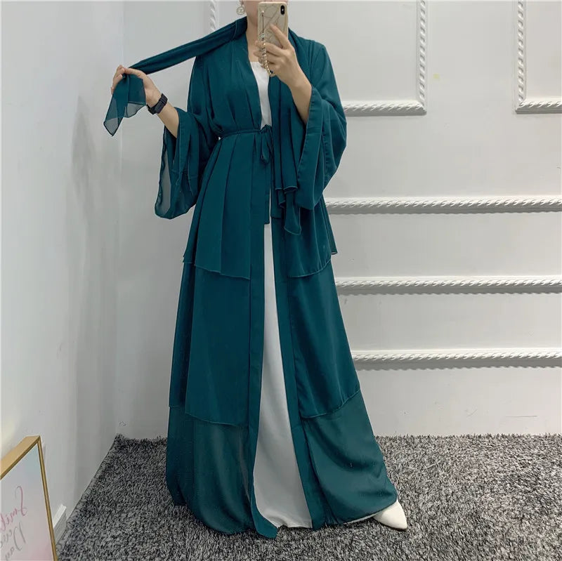 2021 New Arab Dubai 3 Layers Open Abaya Islamic Dresses Dubai Muslim Abaya Modern Islamic Front Open 3 Layers Abaya