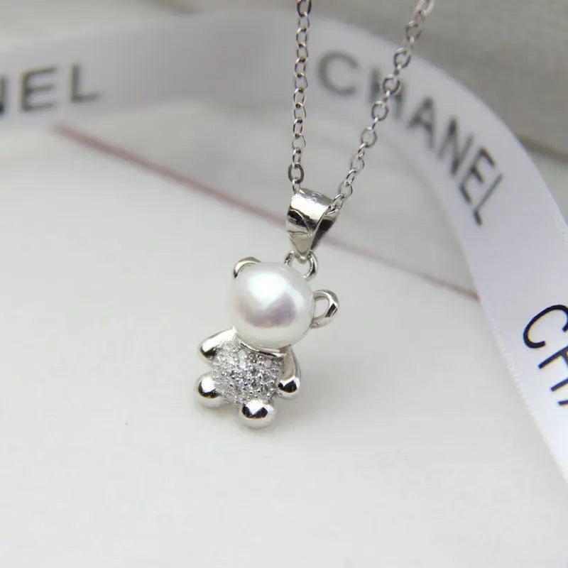 Cute 8MM Freshwater Pearl Sterling Silver 925 Bear Pendant Necklace with Rose Gold Plating Trendy Design