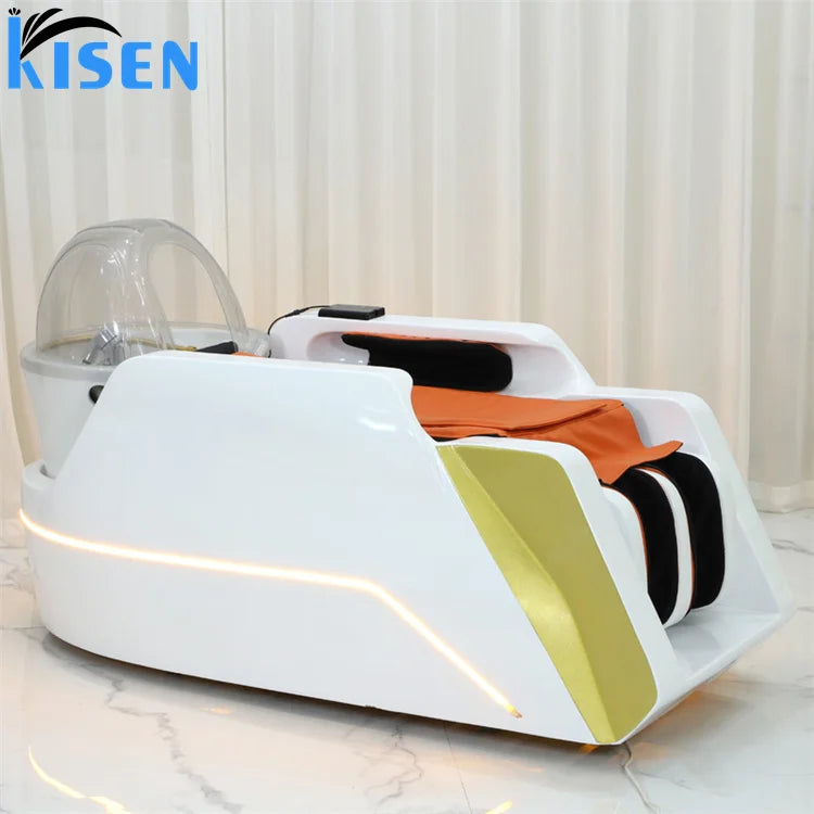 Kisen Luxury Top Quality Electric Shampoo Bed Massage Shampoo Chair Bed White With Led Light for Beauty Hair Salon Barbershop