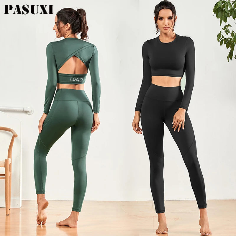 PASUXI Wholesale Women Leggings Workout Clothes Suit Activewear Sports Seamless Gym Long Sleeve Fitness Yoga Sets