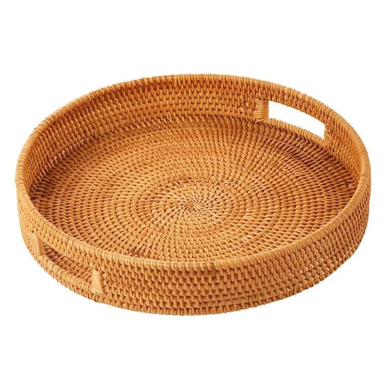 Stocked ECO Friendly Rattan Wood Tray Floating Decor Storage Fruit Handmade Round Wicker Tray Rattan With Handle