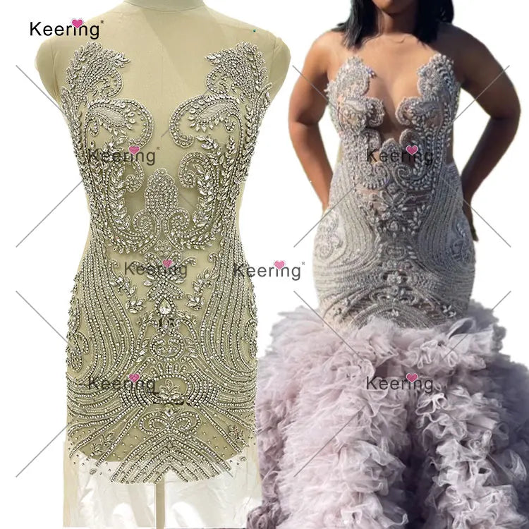 WDP-406  2024 Silver Rose Gold Multicolored Dress Panel Lace Flat Back Crystal Rhinestone Metal Applique
