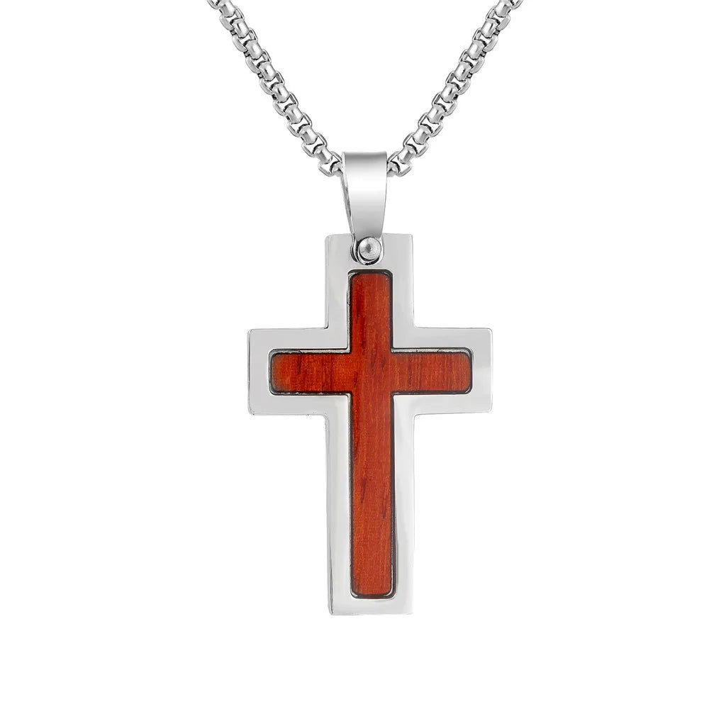 Fashion Religious Type Stainless Steel Wooden Cross Pendant Necklace