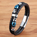 New Style Fashion Stainless Steel Double-layer Braided Genuine Leather Bracelet Blue Bead Cuff Engraved Bracelets Gift OT-301