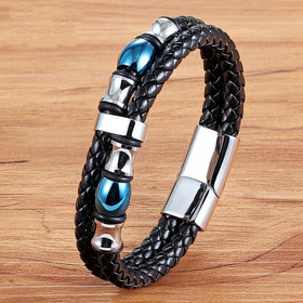 New Style Fashion Stainless Steel Double-layer Braided Genuine Leather Bracelet Blue Bead Cuff Engraved Bracelets Gift OT-301