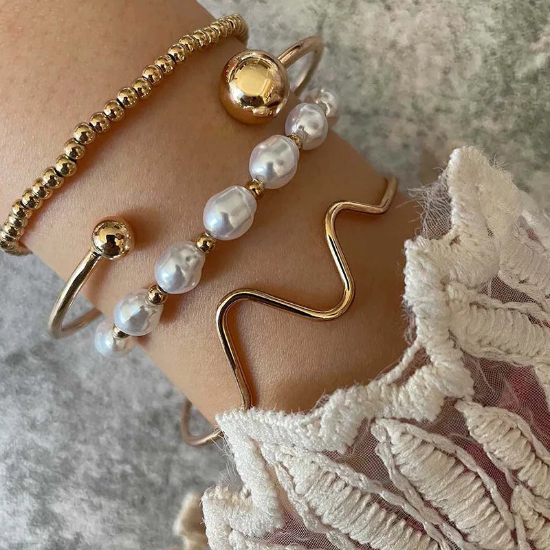 4Pcs/Set Fashion Gold Color Baroque Style Pearl Bracelet for Women Jewelry
