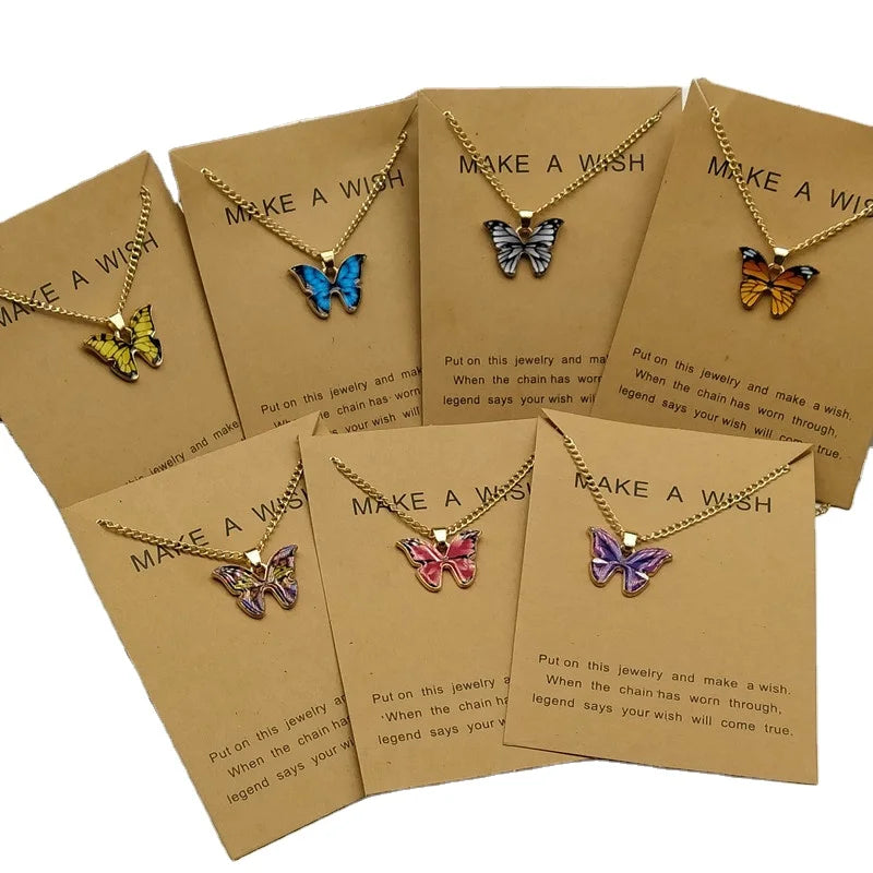 Finetoo Trendy Multiple Colors Butterfly Necklace Thin Chain Colorful Pendant Necklace for Women Jewelry