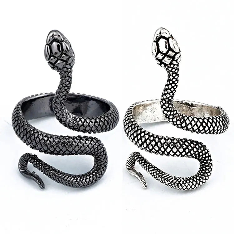 Exaggerated Antique Silver Ring Double Snake Head Stereoscopic Opening Adjustable Rings Retro Punk Snake Ring for Women Men