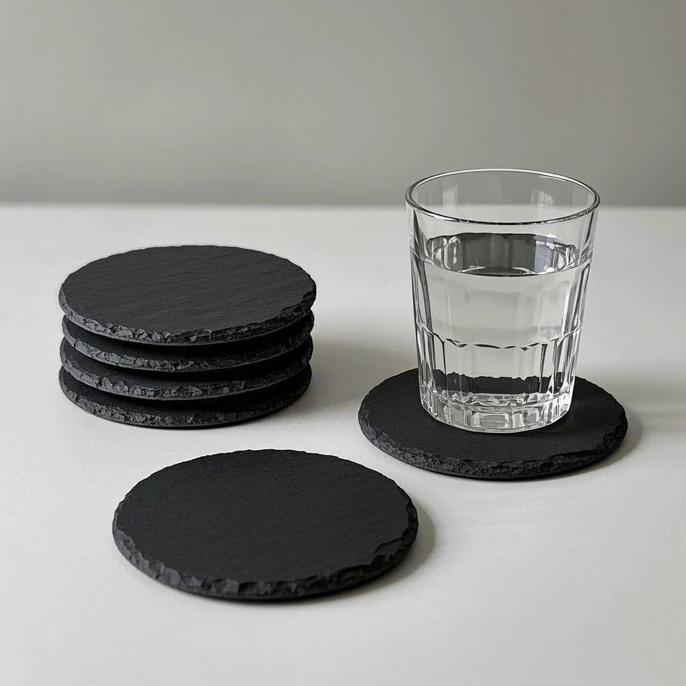 Wholesale Bulk Eco-Friendly Black Slate Stone Coasters Custom Logo Classic Feet for Beer Restaurants Customizable Your Mats Pads