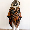 European Fashion Winter Thick Warm Camel Plaid Pashmina Shawls Wrap Ponchos Checkered Pattern Oversized Capes Cashmere Ponchos