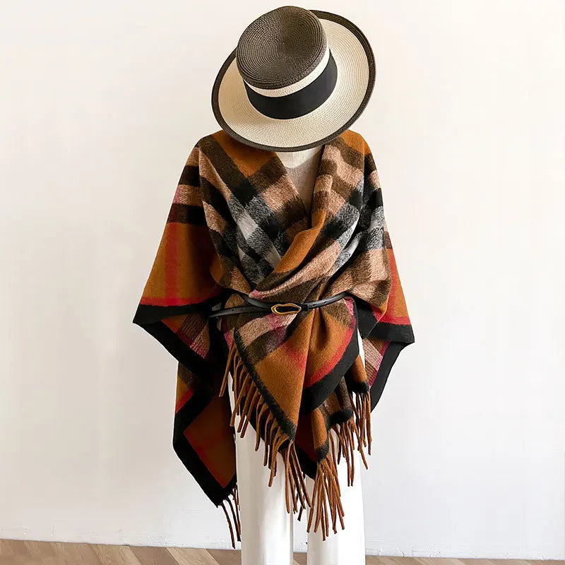 European Fashion Winter Thick Warm Camel Plaid Pashmina Shawls Wrap Ponchos Checkered Pattern Oversized Capes Cashmere Ponchos